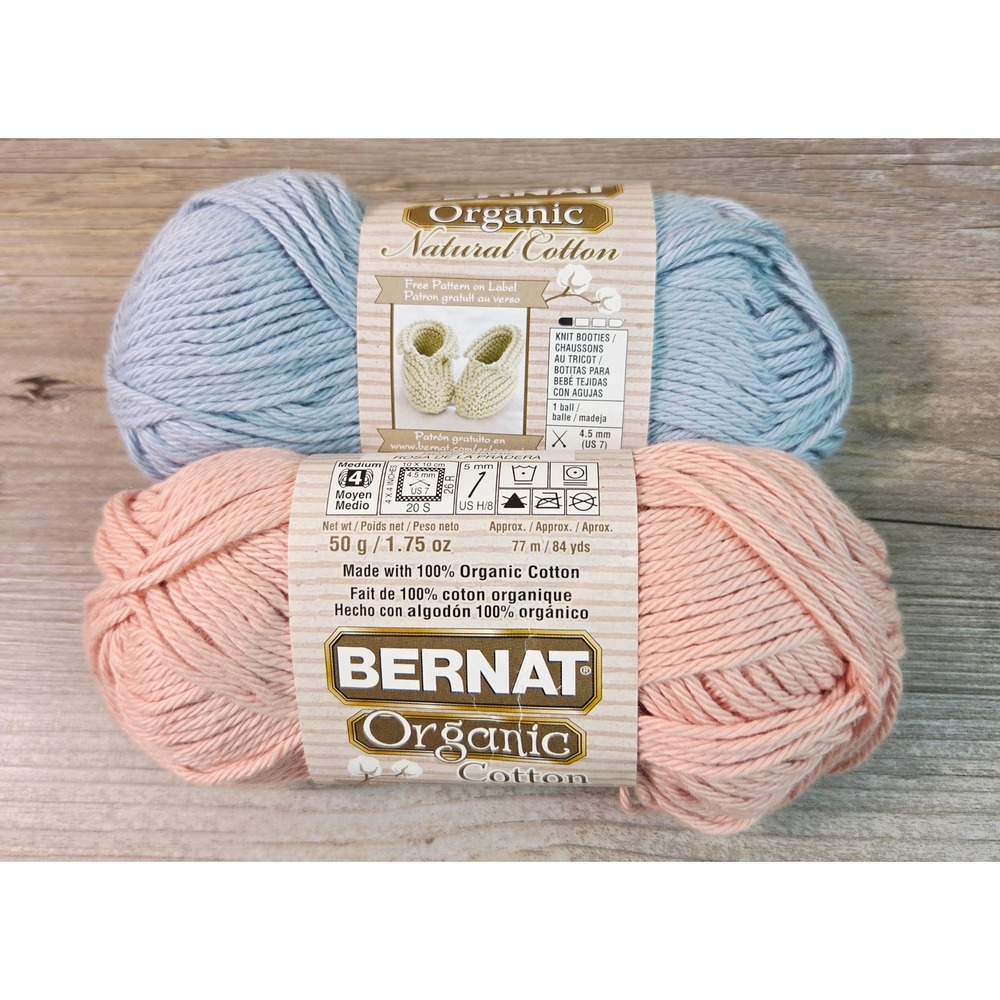 Bernat Organic Natural Cotton Yarn Lot 2 Skeins Pink Blue Medium 4 Worsted New